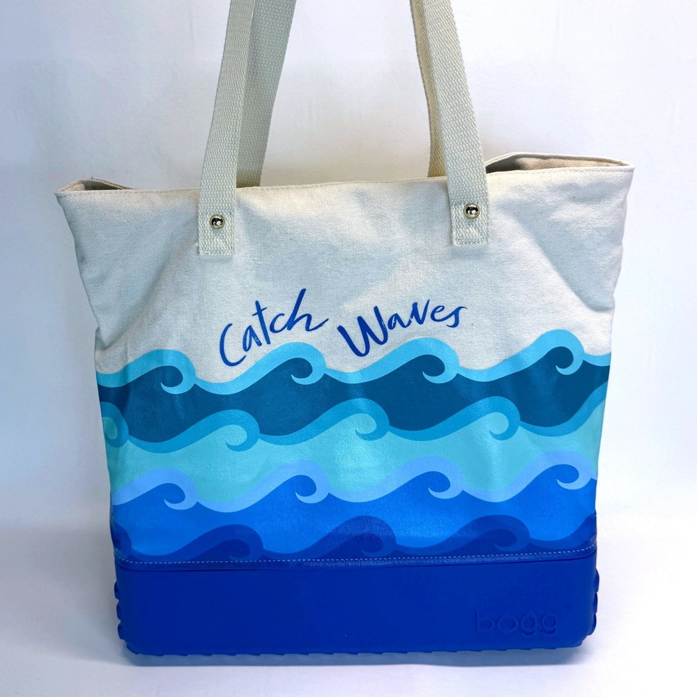 Bogg Bag Catch Waves Canvas Tote Blue Rubber Base Beach Bag